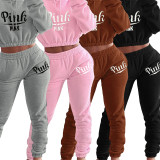 Pink Letter Print Fleece Hoodies Two Piece Sets FNN-8658