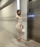 Solid V Neck Long Sleeve Ruched Tight Jumpsuit FSL-F187