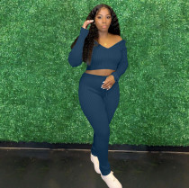 Solid Ribbed V Neck Long Sleeve 2 Piece Pants Set XMY-9345