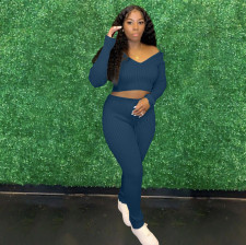 Solid Ribbed V Neck Long Sleeve 2 Piece Pants Set XMY-9345