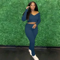 Solid Ribbed V Neck Long Sleeve 2 Piece Pants Set XMY-9345
