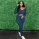 Solid Ribbed V Neck Long Sleeve 2 Piece Pants Set XMY-9345