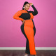 Plus Size Contrast Color Long Sleeve Maxi Skirt 2 Piece Sets OSIF-21418