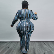 Plus Size Printed Long Sleeve Sashes Maxi Dress OSIF-21426