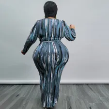 Plus Size Printed Long Sleeve Sashes Maxi Dress OSIF-21426