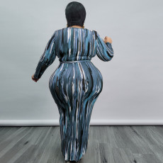 Plus Size Printed Long Sleeve Sashes Maxi Dress OSIF-21426