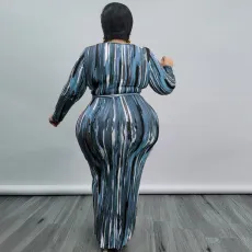 Plus Size Printed Long Sleeve Sashes Maxi Dress OSIF-21426