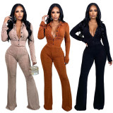 Solid Long Sleeve Flared Pants Two Piece Sets MXDF-6072