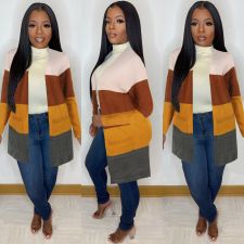 Contrast Color Knitted Midi Length Sweater Cardigan FSXF-F334