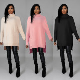 Solid Turtleneck Split Pullover Sweater Top FSXF-F337