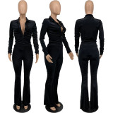 Solid Long Sleeve Flared Pants Two Piece Sets MXDF-6072