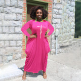 Plus Size Letter Print Long Sleeve Loose Maxi Dress HNIF-008