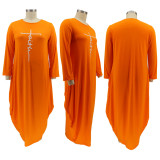 Plus Size Letter Print Long Sleeve Loose Maxi Dress HNIF-008