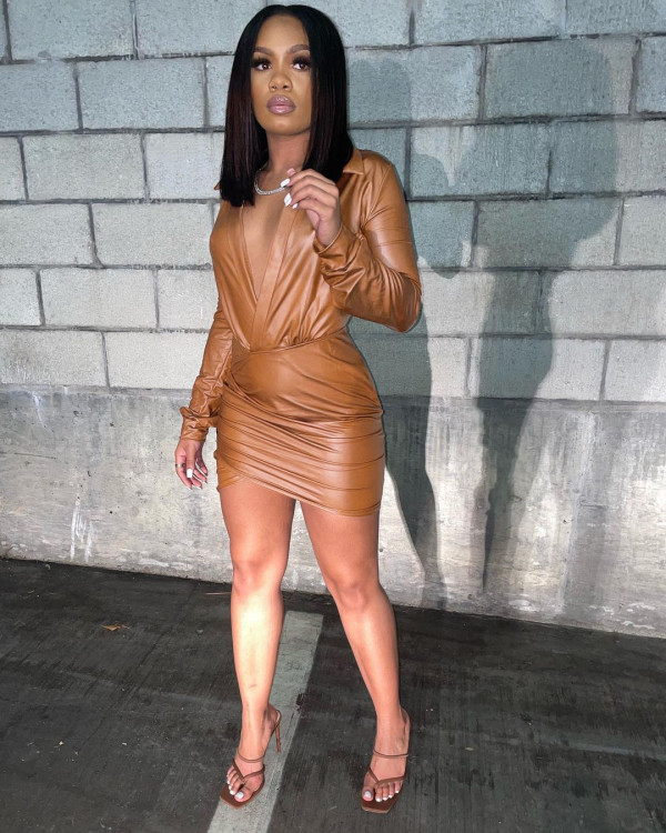 PU Leather V Neck Long Sleeve Mini Dress BGN-225