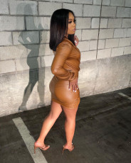 PU Leather V Neck Long Sleeve Mini Dress BGN-225