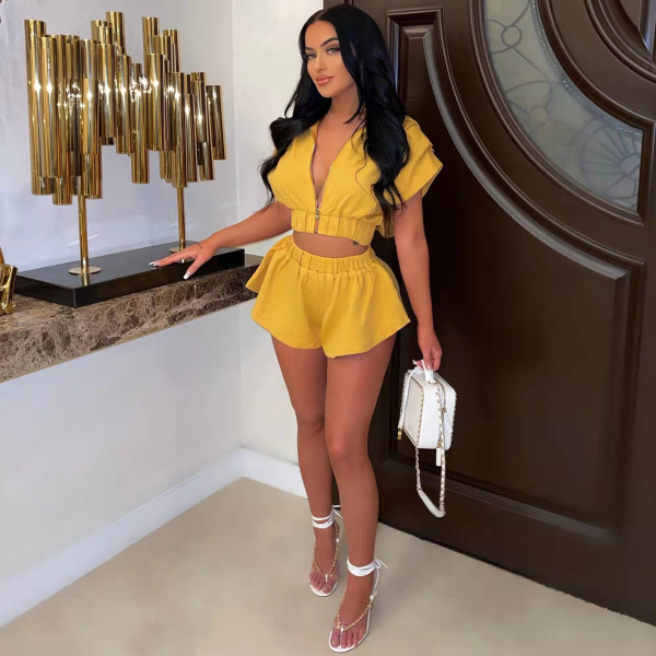 Solid Hooded Zipper Two Piece Short Sets HM-6605