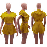Solid Hooded Zipper Two Piece Short Sets HM-6605