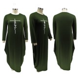 Plus Size Letter Print Long Sleeve Loose Maxi Dress HNIF-008