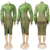 Sexy Patchwork Long Sleeve Zipper Slim Midi Dress FSXF-F341