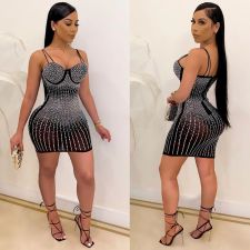 Sexy Mesh Hot Drilling With Breast Pad Club Dress LSD-81097
