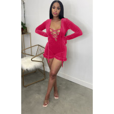 Velvet Sexy Hooded Lace Up Long Sleeve Romper MDF-5262