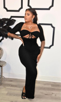 Black Sexy Hollow Out Split Slim Maxi Dress QZX-6241
