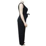 Plus Size One Shoulder Long Sleeve Sashes Jumpsuit NNWF-7089