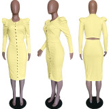 Solid Puff Sleeeve Buttons Slim Midi Dress BGN-059