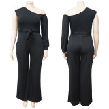 Plus Size One Shoulder Long Sleeve Sashes Jumpsuit NNWF-7089