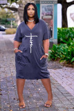 Plus Size Letter Print V Neck Short Sleeve Midi Dress TK-6215
