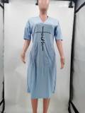 Plus Size Letter Print V Neck Short Sleeve Midi Dress TK-6215