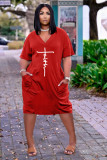 Plus Size Letter Print V Neck Short Sleeve Midi Dress TK-6215