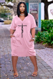 Plus Size Letter Print V Neck Short Sleeve Midi Dress TK-6215