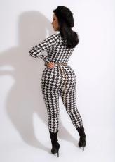 Houndstooth Print Long Sleeve Zipper Jumpsuit (Without Chain)SFY-2157