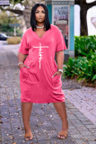 Plus Size Letter Print V Neck Short Sleeve Midi Dress TK-6215
