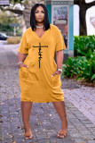 Plus Size Letter Print V Neck Short Sleeve Midi Dress TK-6215
