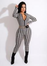Houndstooth Print Long Sleeve Zipper Jumpsuit (Without Chain)SFY-2157