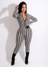 Houndstooth Print Long Sleeve Zipper Jumpsuit (Without Chain)SFY-2157