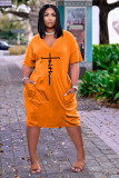 Plus Size Letter Print V Neck Short Sleeve Midi Dress TK-6215