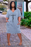 Plus Size Letter Print V Neck Short Sleeve Midi Dress TK-6215