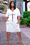 Plus Size Letter Print V Neck Short Sleeve Midi Dress TK-6215
