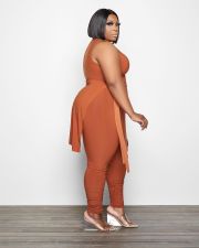 Plus Size Solid Sleeveless Split Top Stacked Pants 2 Piece Sets QY-5267