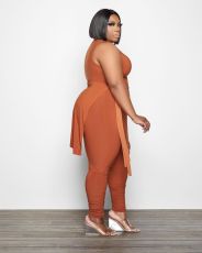 Plus Size Solid Sleeveless Split Top Stacked Pants 2 Piece Sets QY-5267