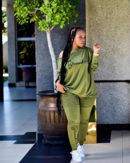 Plus Size Letter Print Long Sleeve 2 Piece Pants Set OM-1302