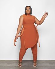 Plus Size Solid Sleeveless Split Top Stacked Pants 2 Piece Sets QY-5267