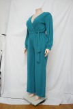 Plus Size Solid V Neck Long Sleeve Sashes Jumpsuit NNWF-7325