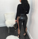 PU Leather Hollow Out Bandage Skinny Pants SH-3273