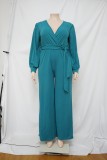 Plus Size Solid V Neck Long Sleeve Sashes Jumpsuit NNWF-7325