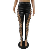 PU Leather Hollow Out Bandage Skinny Pants SH-3273