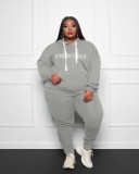 Plus Size Letter Print Hoodies Two Piece Pants Set WAF-33055